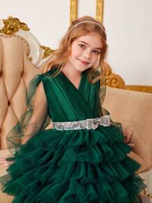 女孩梭織凈色拼接網紗蛋糕裙禮服裝