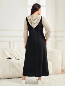 Mulvari 女士加大碼色塊拉繩連帽裙 - 杏色 - 查看 2