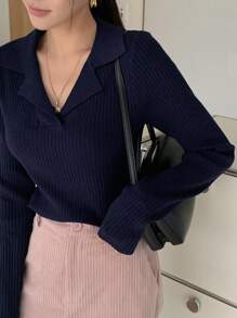 DAZY Women's Solid Color Ribbed Knitted Sweater - Navy Blue - View 1