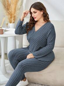 Mulvari 2pcs/set Plus Size Cross Front Ribbed Knit T-shirt And Leggings Set - Blue - View 6