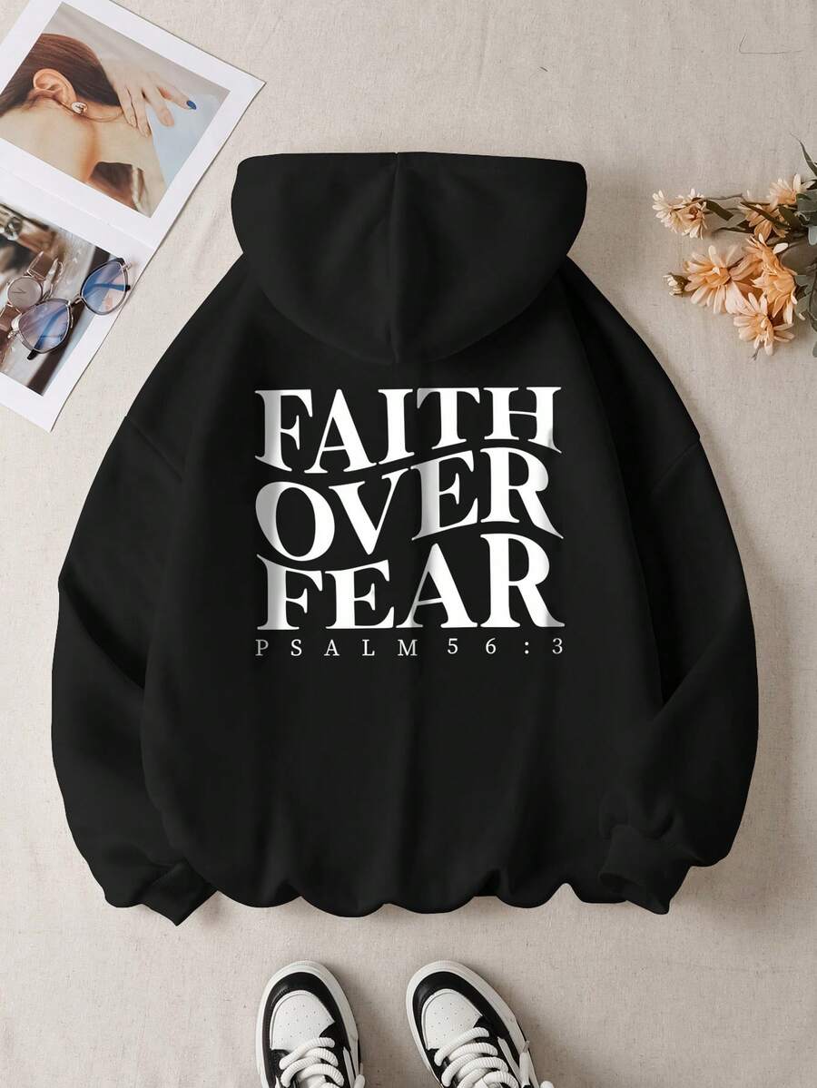 SHEIN EZwear 女款标语印花保暖内衬连帽衫 - 黑色 - 查看 1