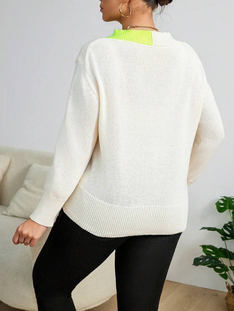 Plus Size Contrast Color Drop Shoulder Sweater Knit Pullover Fall Winter Sweater