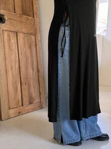 Dazy Plus Vestido de manga larga con detalle de nudo y abertura lateral, ropa de otoño para tallas grandes