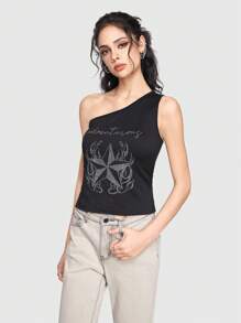 ROMWE Grunge Punk Một bờ vai Mô hình Áo - màu đen - Xem 5