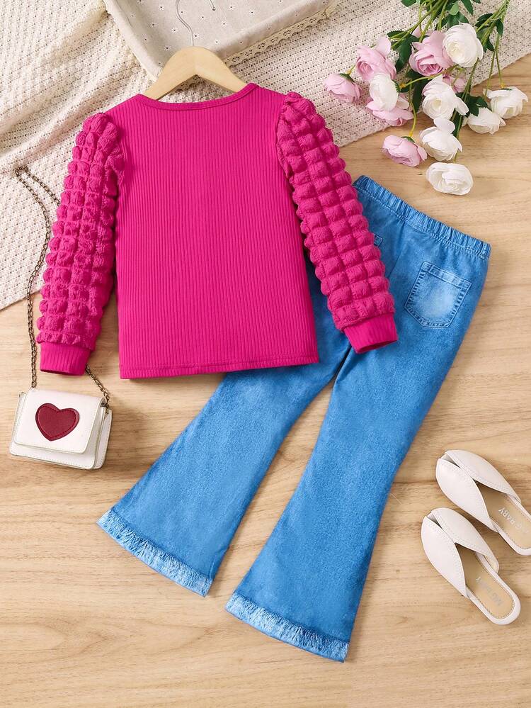Tween Girl Heart Patchwork Top And Denim Effect Flare Pants Set