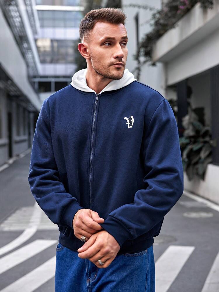 Men's Plus Size Letter Print Color Blocking Hooded Jacket, For Fall Winter