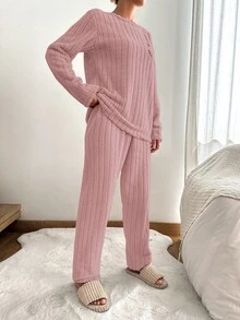 SHEIN Cottnline Flannel Embroidery Heart & Letter Print Home Wear Set - Watermelon Pink - View 5