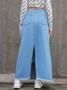 SHEIN Essnce 女式聖誕元素牛仔裙,長款 - 中等水洗藍 - 查看 3