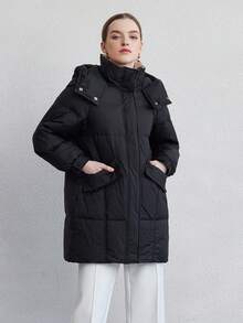 ZIAI 女式长袖连帽羽绒大衣，常规长度，前部带拉链纽扣，防水面料，带口袋 - 黑色 - 查看 4