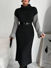 EURMUSE Của phụ nữ Khối màu Cổ cao Đầm Áo len - màu đen - Xem 4