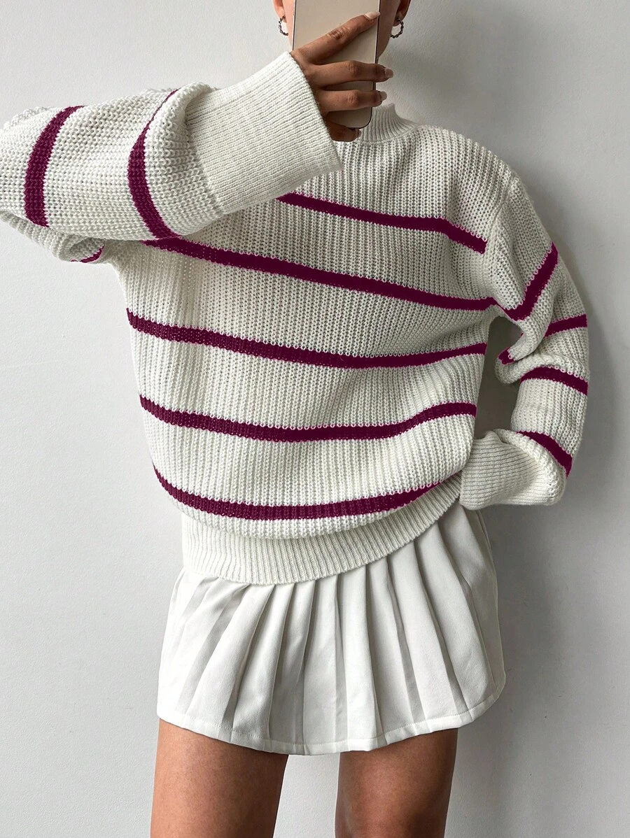 EURMUSE 女式下垂肩條紋毛衣 - 紅色 - 查看 1