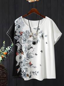 EMERY ROSE Women's Plus Size Short Sleeve T-shirt With Color Block Floral Print - White - View 1