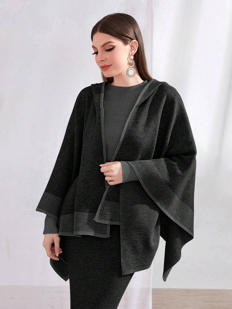Two Piece Color Block Cape Cardigan And Sweater Skirt Set