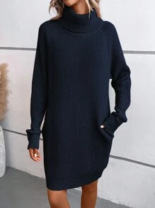 SHEIN LUNE 女士高領斜肩袖針織毛衣連衣裙 - 寶藍色 - 查看 6