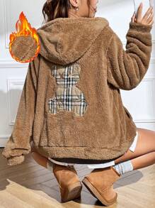 SHEIN EZwear Bear Embroidery Zip Up Hooded Teddy Jacket In Fall/Winter - Multicolor - View 1