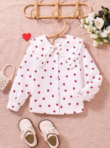SHEIN 年轻女孩心形印花彼得潘领衬衫 - 白色 - 查看 1
