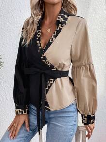 SHEIN Clasi Color Block Lantern Sleeves Wrap Style Shirt With Belt Fall Cloth For Women - Multicolor - View 5