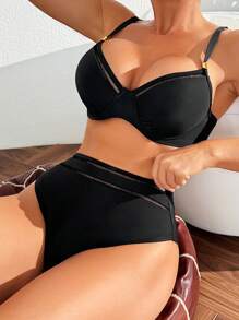 SHEIN Swim 女士纯色比基尼套装狂欢夏日海滩 - 黑色 - 查看 4