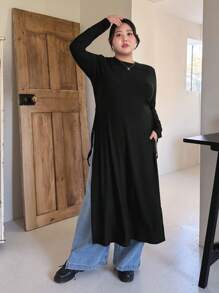 Dazy Plus Vestido de manga larga con detalle de nudo y abertura lateral, ropa de otoño para tallas grandes