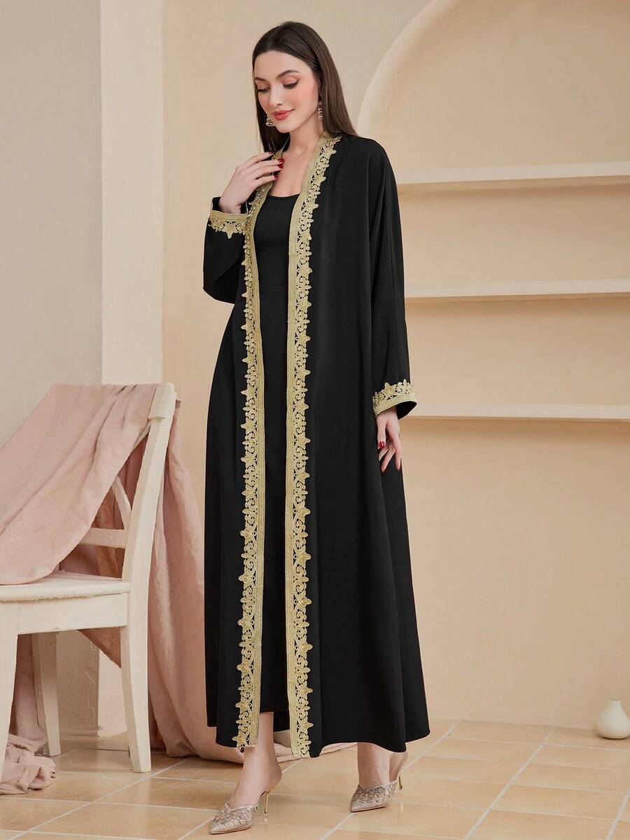 SHEIN Najma Women's Embroidered Open Front Robe, Muslim Fashion Abaya