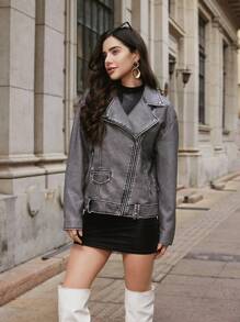 SHEIN Essnce Lỏng lẻo Retro Tay áo dài Xe máy Áo khoác - màu xanh lá - Xem 6