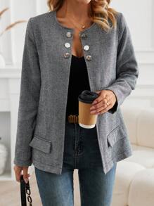SHEIN LUNE Abrigo de mujer con detalles de botones y estampado de pata de gallo