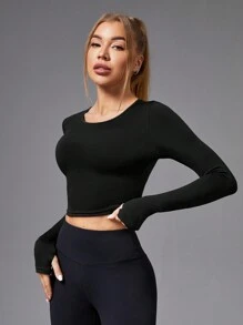 Yoga Basic 露背扭結長袖運動t恤 - 黑色 - 查看 4