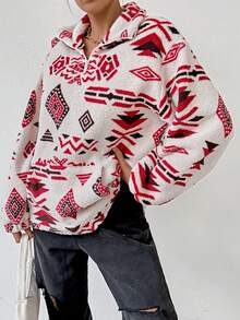 SHEIN Essnce Women's Geometric Printed Half-zip Kangaroo Pocket Sweatshirt With Zipper - White - View 5