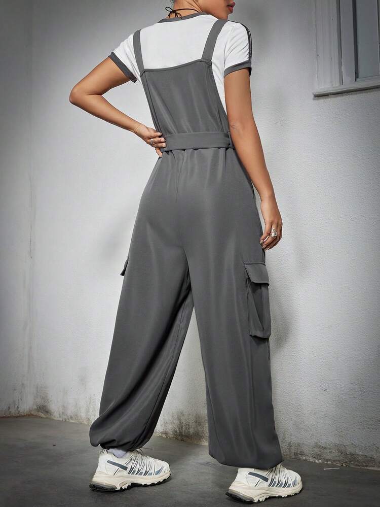 Women's Solid Color Overall With Flip Pocket, Drawstring Waist And Cuffed Hem