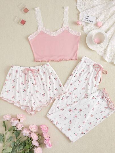 CottageSlumber Women's Lace Trim Cami Top And Floral Print Shorts & Long Pants Pajama Set Bountiful Floral Splendor Cozy And Elegant Details
