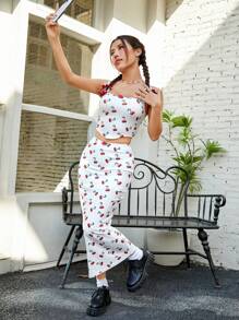 SHEIN EZwear Women's Cherry Printed Vest And Skirt Set - Multicolor - View 4