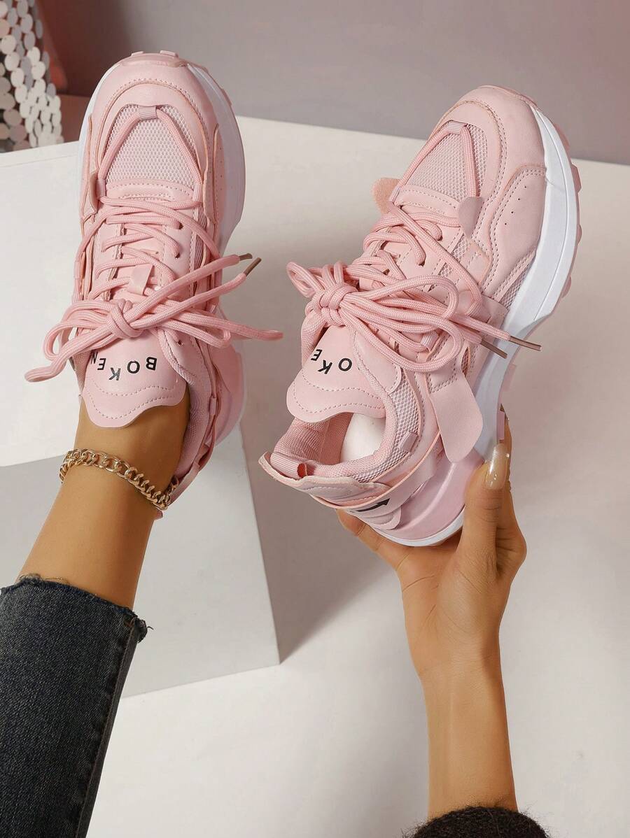 女士休閒圓頭平底運動鞋,甜美的粉紅色春季運動鞋 - 粉色 - 查看 1