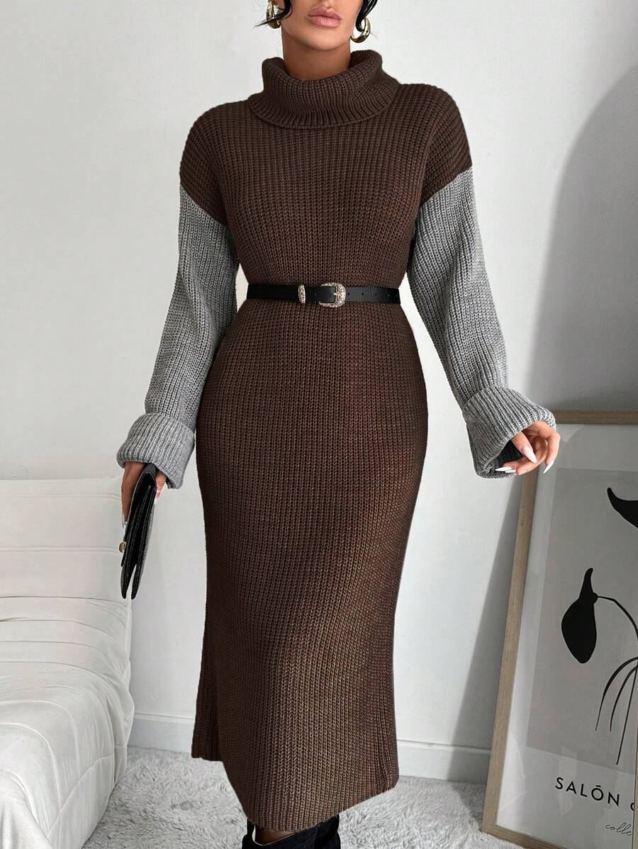 EURMUSE Women's High Neck Color Block Sweater Dress - Brown - View 1