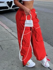 Solid Zip Up Flap Pocket Side Parachute Pants - Red - View 3