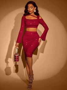 Zolique 紅色長袖短上衣+裙子兩件套 - 酒紅色 - 查看 3