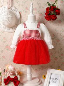 Dziecko Dziewczyny w pepitkę Siatka Warstwowe Sukienki Z Migotać