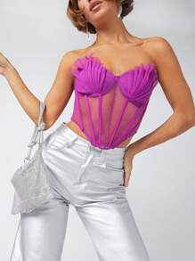 L'Amorae Sexy Pleated Seashell Sheer Mesh Bustier Backless Tube Top - Red Violet - View 5