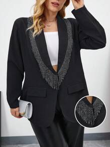 SHEIN Privé Plus Rhinestone Detail Shawl Collar Open Front Blazer - Black - View 1