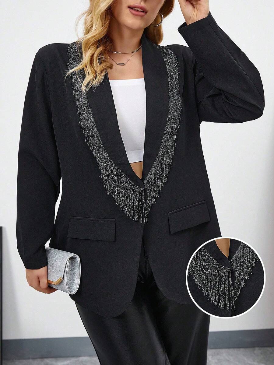 SHEIN Privé Plus Rhinestone Detail Shawl Collar Open Front Blazer - Black - View 1