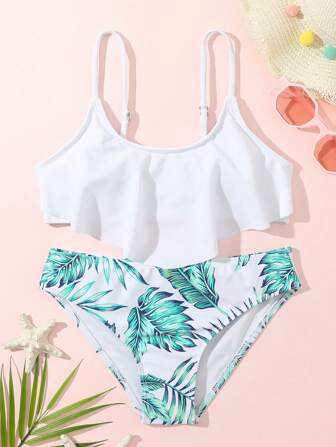 2pcs/Set Tween Girls' Ruffled Tropical Print Bikini Set