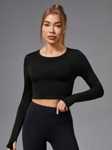 Yoga Basic 露背扭結長袖運動t恤 - 黑色 - 查看 5