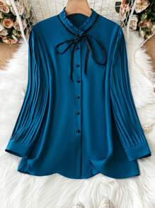 SHEIN Clasi Của phụ nữ Kích thước lớn Lace-up Chi tiết Nút Giải trí Áo sơ mi - Màu xanh ngọc - Xem 1