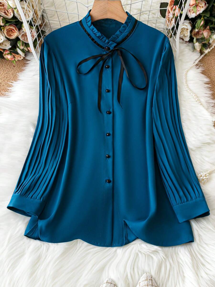 SHEIN Clasi Của phụ nữ Kích thước lớn Lace-up Chi tiết Nút Giải trí Áo sơ mi - Màu xanh ngọc - Xem 1