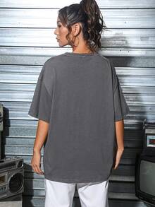 SHEIN Coolane Của phụ nữ Lỏng lẻo Người ngoài hành tinh Slogan In Áo thun - Màu xám đen - Xem 2