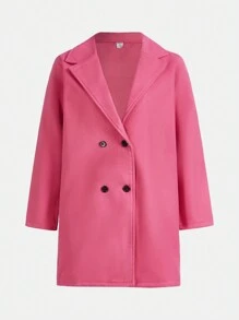 Teen Girl Lapel Neck Double Breasted Overcoat - Hot Pink - View 3