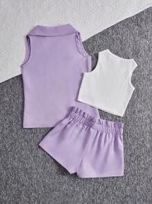 Tween Girls Sleeveless Blazer Jacket + Knit Vest + Shorts 3pcs Set - Mauve Purple - View 2