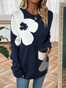 SHEIN LUNE 女士花卉圖案毛衣 - 寶藍色 - 查看 6