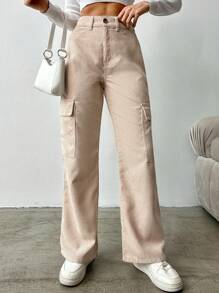 EURMUSE Women's Solid Color Flap Pocket Wide Leg Pants - Apricot - View 5