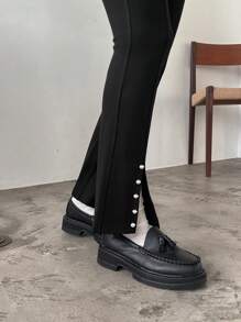FRIFUL SHEIN X AYA NAKAMACHI 1pc Button Decor Split Hem Long Pants - Black - View 4