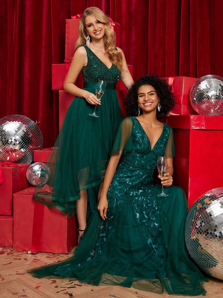 Sexy Winter V-Neck Sequin Sleeveless High-Low Tulle Contrast Dark Green Ball Gown Dress For Party Christmas New Year Wedding Elegant Spring